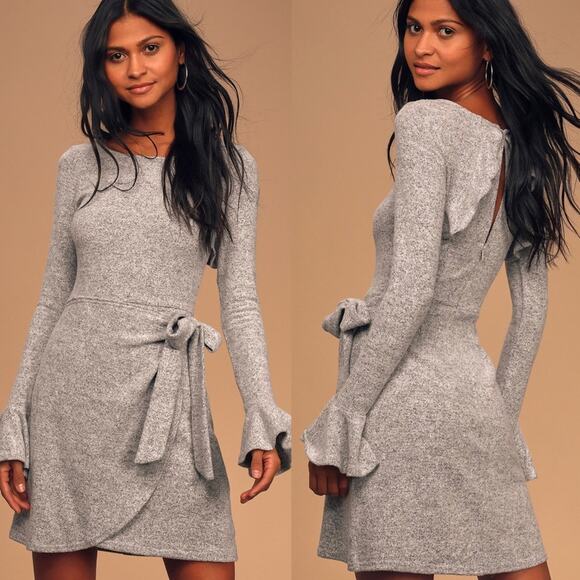 NWT Lulu’s Favorite Tune Heather Grey Faux Wrap Sweater Dress - Picture 1 of 8